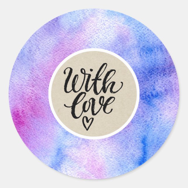 Sticker Rond Faveur Kraft Aquarelle Rose Violet Avec Amour (Devant)