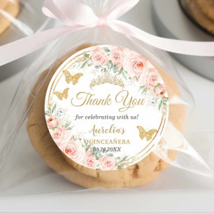 Sticker Rond Faveur Papillons Champagne Or Floral Rose Tendre