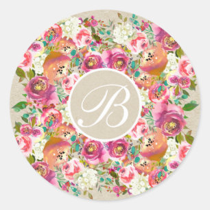 Sticker Rond Faveur Personnalisée Kraft Rustique Fleurs Colorée