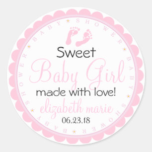 Sticker Rond Faveur rose d'invité de Scallopped de baby shower