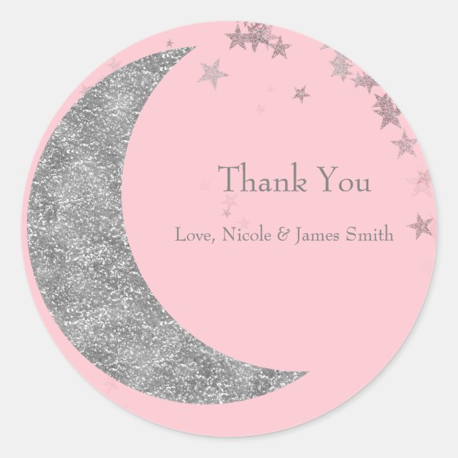 Sticker Rond Faveur Rose Fête Bébé Lune & Étoiles d'Argent (Devant)
