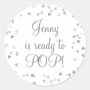 Sticker Rond Faveurs de Baby Shower Cœurs Argentés Elle est Prê