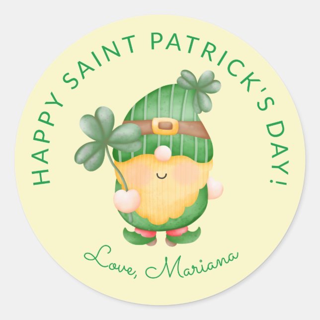 Sticker Rond Faveurs de fête Saint-Patrick Trèfle Gnome Joyeux (Devant)