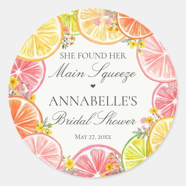 Sticker Rond Faveurs de mariage Citrus Floral Main Squeeze (Devant)