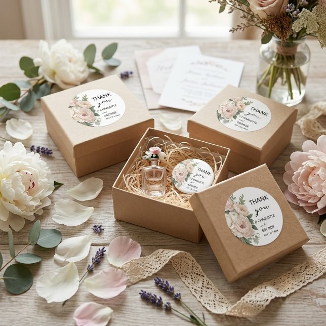 Sticker Rond faveurs de mariage florales rustiques de pivoines  (Créateur téléchargé)