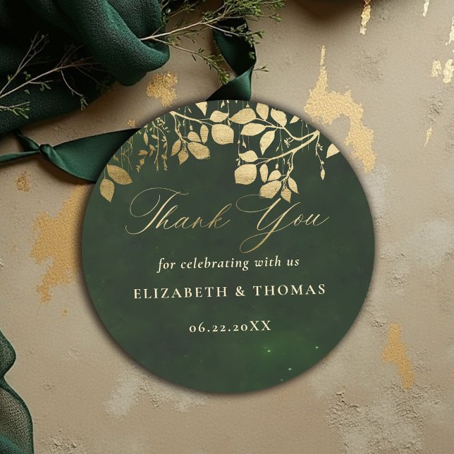 Sticker Rond Favor de mariage Chasseur de feuillage doré de la  (enchanted forest wedding theme favor sticker hunter green gold foliage elegant modern classic)
