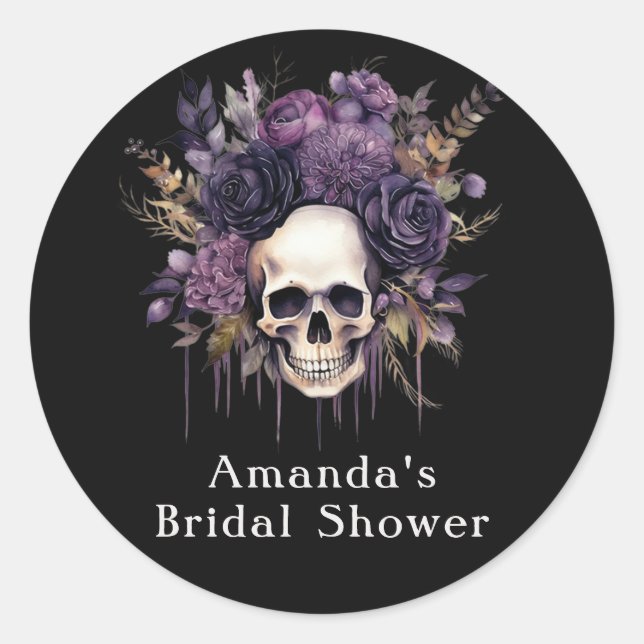 Sticker Rond Favor de mariage Halloween Crâne Floral Sombre  (Devant)