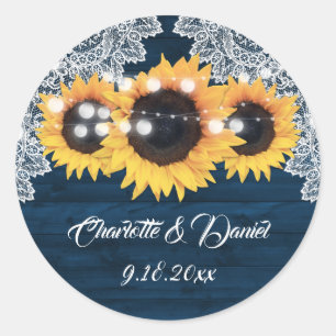Sticker Rond Favor de mariage Tournesol en Bois Bleu Marine Bro