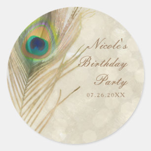 Sticker Rond Favori de fête glamour plume de paon exotique or