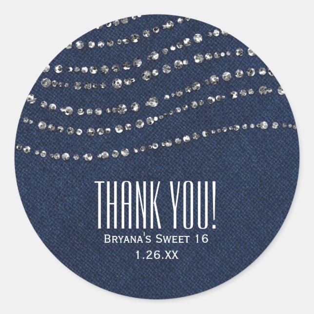 Sticker Rond Favori de fête Paillettes Denim & Diamants Bleus (Devant)