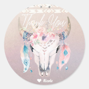 Sticker Rond Favori de fête Rustique Glam Boho Floral Crâne de 