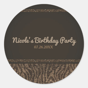 Sticker Rond Favori de fête Zebra Sparkle Brown Gold Glam