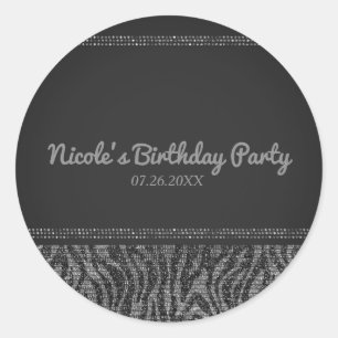 Sticker Rond Favori de fête Zebra Sparkle Silver & Black Glam