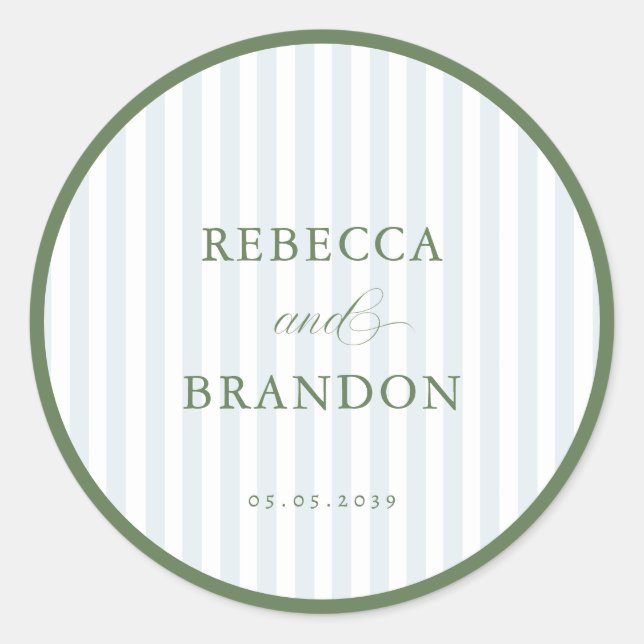 Sticker Rond Favori de mariage à rayures bleues et bordure vert (Devant)