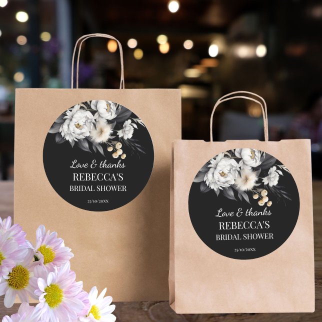 Sticker Rond Favori de mariage boho humeur noir et blanc (Black and white moody boho bridal shower favor sticker thank you stickers bridal shower  favors)