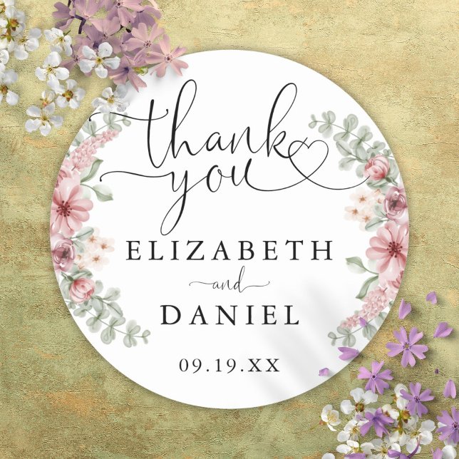 Sticker Rond Favori de mariage Merci Écriture Cœur Floral Roses (Roses Floral Heart Script Thank You Wedding Favor Classic Round Sticker)
