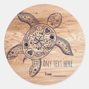 Sticker Rond Favori de mariage Tortue Hawaïenne et bois clair