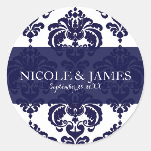 Sticker Rond Favori de mariage vintage en damas bleu marine bla