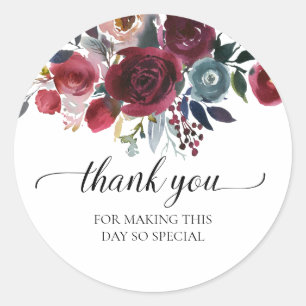 Sticker Rond Favori de remerciement de mariage floral bordeaux 