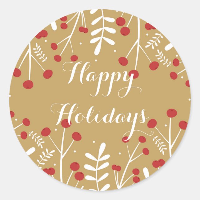 Sticker Rond Favori de vacances doré avec feuilles et baies bla (Devant)