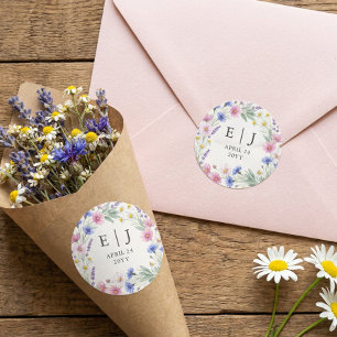 Sticker Rond Favori d'enveloppe de mariage à monogramme de fleu
