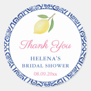 Sticker Rond Favoris de mariage Chic Citrons Carreaux Bleus Ita