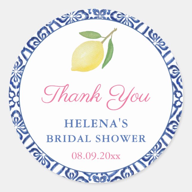 Sticker Rond Favoris de mariage Chic Citrons Carreaux Bleus Ita (Devant)