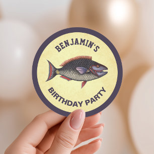 Sticker Rond Favour de fête d'anniversaire de pêche rustique vi