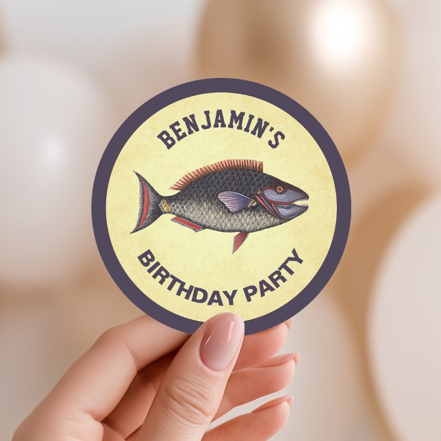 Sticker Rond Favour de fête d'anniversaire de pêche rustique vi (Créateur téléchargé)