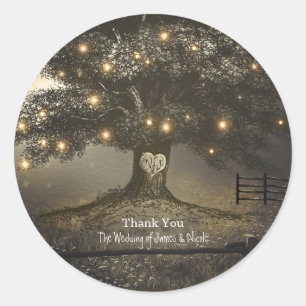 Sticker Rond Favour de mariage Lumières de nuit et arbre rustiq