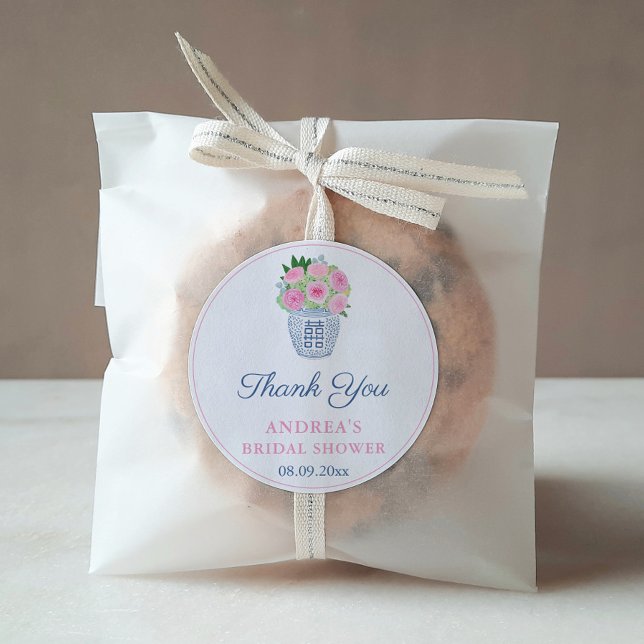 Sticker Rond Favour de mariage Pot de gingembre Roses de jardin (Preppy Navy Blue And White Ginger Jar With Pink English Roses Bridal Shower Thank You Favor Sticker)