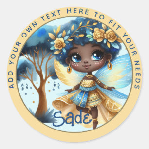 Sticker Rond Fée africaine Anniversaire Turquoise or rose princ