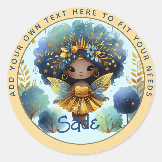 Sticker Rond Fée africaine Anniversaire Turquoise or rose princ (Devant)