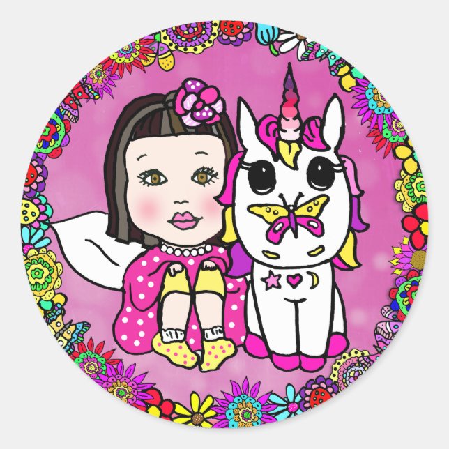 Sticker Rond Fée asiatique magenta et licorne (Devant)