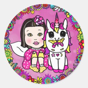 Sticker Rond Fée asiatique magenta et licorne