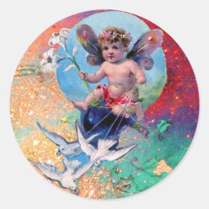 Sticker Rond FÉE BÉBÉ AVEC DES COLOMBES EN ÉTOILES bleu rose ve