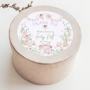 Sticker Rond Fée Capricieuse Premier Anniversaire Pastel Merci