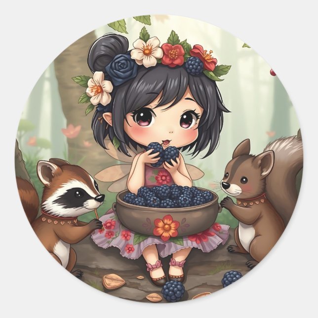 Sticker Rond Fée Chibi mangeant des mûres avec son ami de la fo (Devant)