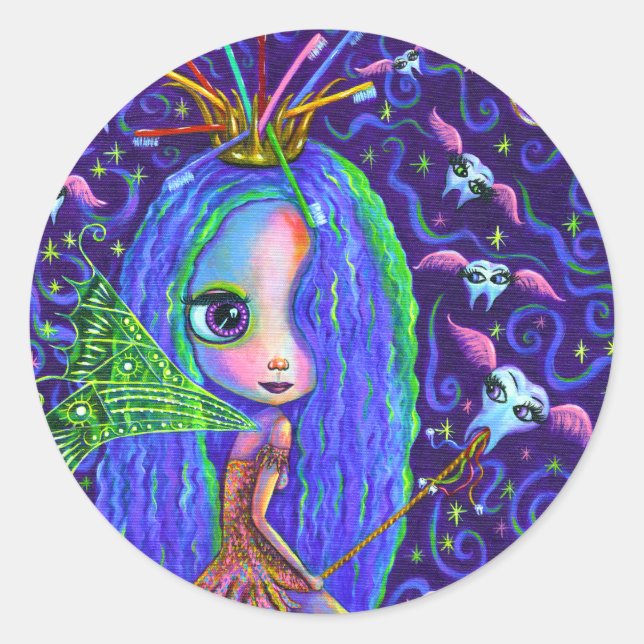 Sticker Rond Fée de dents avec brosse à dents Couronne & dents  (Devant)