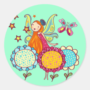 Sticker Rond Fée De Jardin Avec Fleurs