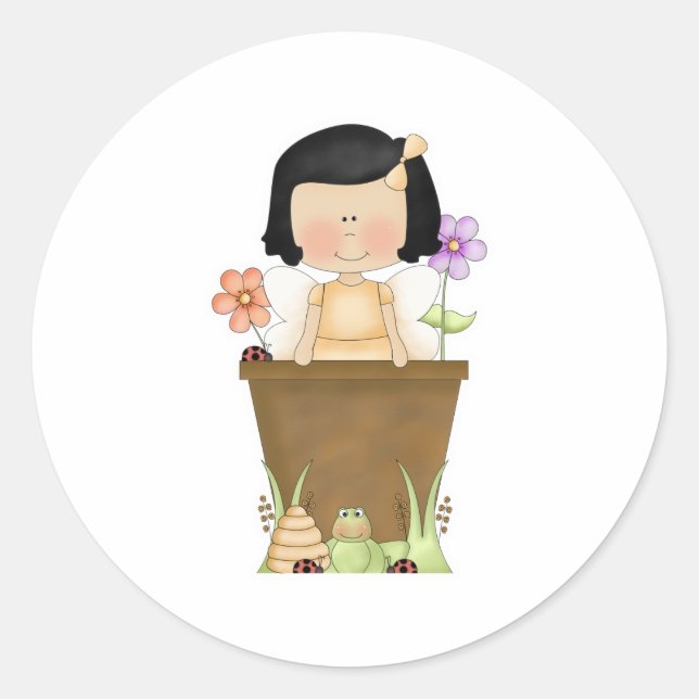 Sticker Rond Fée de jardin dans un pot de fleurs (Devant)