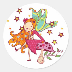 Sticker Rond Fée de jardin sur Champignons