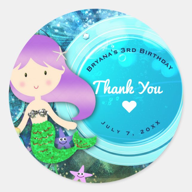 Sticker Rond Fée de la Mer Enchantée pour Anniversaire de Fille (Devant)