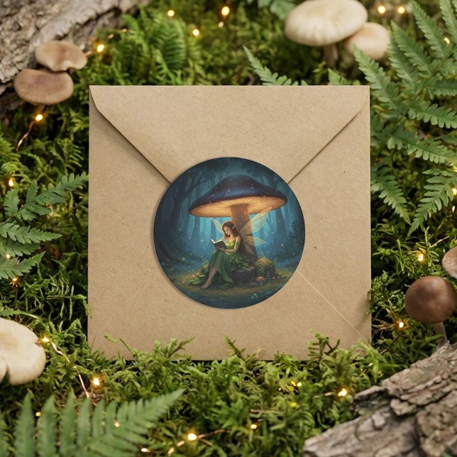 Sticker Rond Fée de Nuit Enchantée Lisant un Livre (Créateur téléchargé)