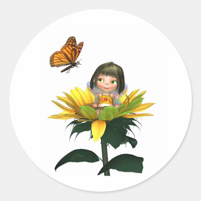 Sticker Rond Fée de tournesol de bébé avec papillon (Devant)