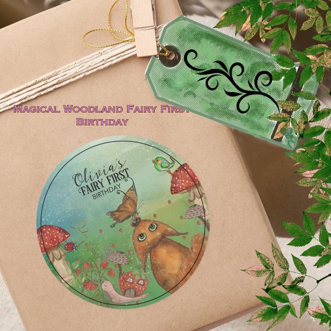 Sticker Rond Fée Enchanted Forest Fox & Snail Premier anniversa (Enchanted Forest Fox & Snail Fairy First Birthday Classic Round Sticker)