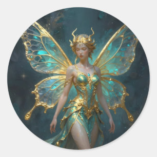 Sticker Rond Fée Enchantée en Or et Turquoise