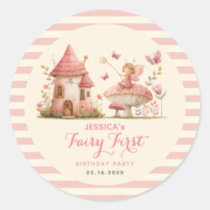 Sticker Rond Fée Enchantée Premier Anniversaire Rayures Roses