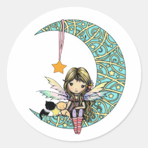 Sticker Rond Fée et chatons sur lune fantaisiste fantaisie chic