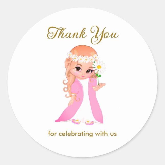 Sticker Rond Fée et fleurs sur fond blanc Merci (Devant)